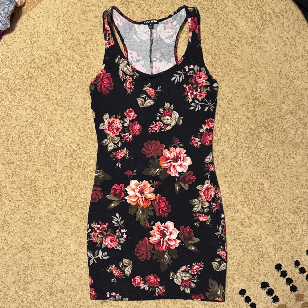 Fashion Nova Black and Pink Floral Tank Top
